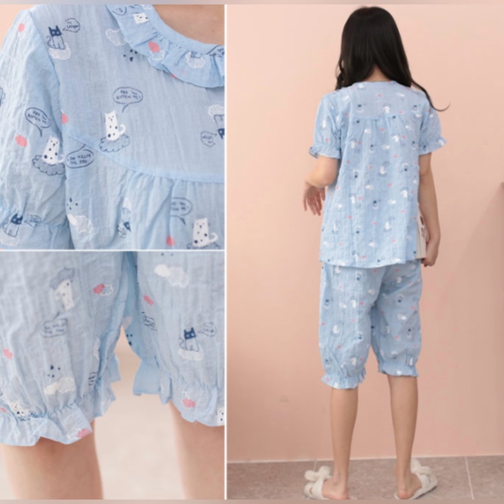 EASYMONG 100% Cotton Cat Pattern Summer Pajama Set - Picture 2 of 7